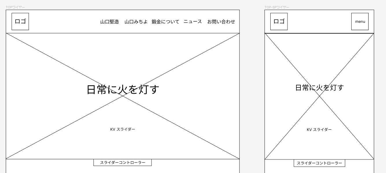 トップページのワイヤーフレーム（キービジュアル部分）。左にパソコン版、右にスマホ版